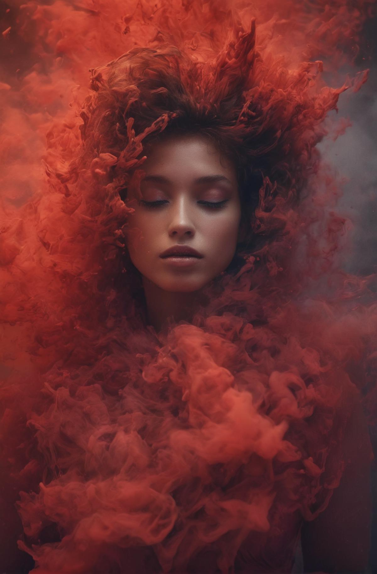 A woman with red hair and red makeup, surrounded by red smoke or fog.