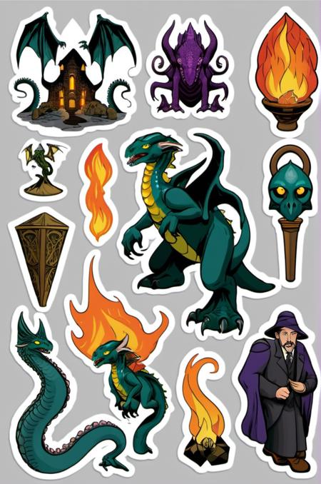 dungeons and dragons StickerSheet  <lora:SDXL-StickerSheet-Lora:1>, based on H.P Lovecraft stories, Very detailed, clean, high quality, sharp image