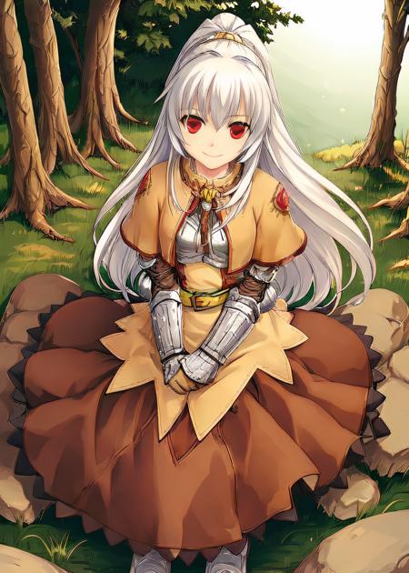 <lora:swordsmanROBetaV1:0.8>,swdro, 1girl, armor, belt, boots, dress, white hair, ponytail, red eye, 
looking at viwer, sitting on rock, smile, hand on floor, 
fantasy background, forest, lake aside, sun, morning,