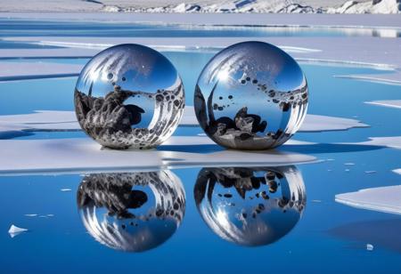 this is formed mercury mirrored spheres embedded in quartz formation in a frozen lake with crystal ice, magnificent abstract modern polarity
