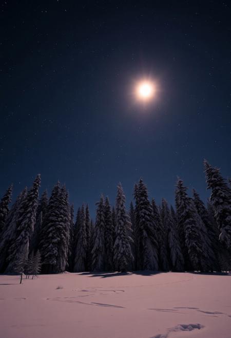 Majestic taiga covered with pristine snow, serene night landscape, countless bright stars twinkling in the clear sky, glowing full moon casting gentle light on the trees, atmospheric depth and tranquility
