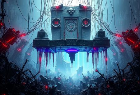 A surreal altar-like structure composed of shattered cybernetic material and fractured stone monoliths, floating in midair over a flickering data abyss. The structure is suspended by broken wires and bleeding fiber-optic veins, glowing with red and violet pulses. Ancient symbols burned into the surfaces shimmer faintly. Surrounding the scene is a storm of fragmented code, twisted rebar, and echoes of machinery caught in an infinite glitch loop. Dramatic ambient lighting. Techno-occult cathedral aesthetic. High-resolution cinematic frame