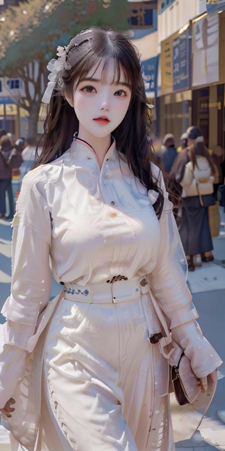 masterpiece,highres, highest quality,intricate detail,best texture,realistic,8k,soft light,perfect shadow, sunny,modern city,crowding street,stores,shopping,falling leaf, portrait,erjie,1girl,hanfu,walking,Luxury, street shot,