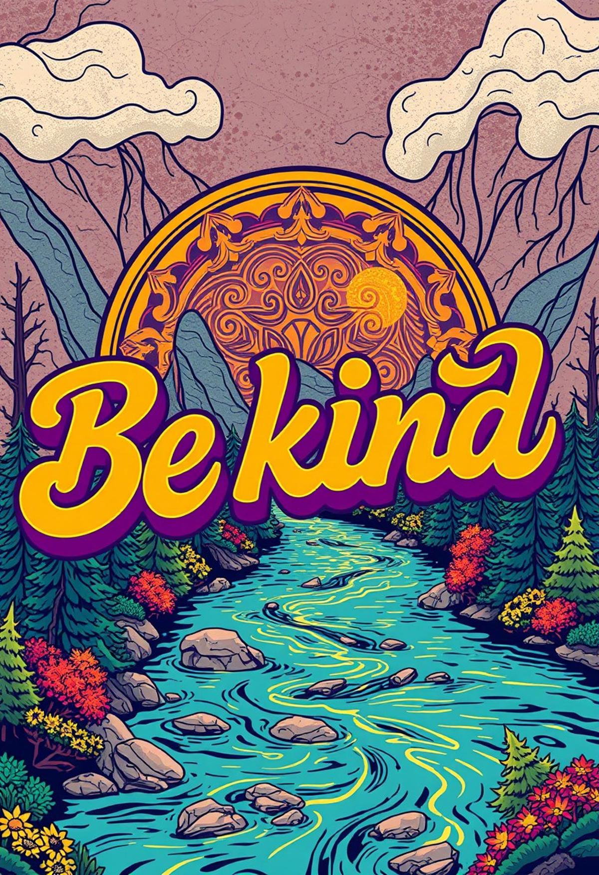 Positive and Vibrant illustration featuring a bold, 70's style graphic and spiritual themes, set against a backdrop of nature-inspired textures, trees, river, with the phrase "Be Kind" emblazoned in 3D, intricate, swirling patterns, with a predominantly pastel colors, moody color palette punctuated by flashes of neon orange, pinks, green, electric blues, and sunshine yellows, evoking a sense of peace, spiritual awakening, and empowerment.