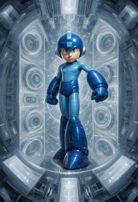A masterpiece of sci-fi style created by the collaboration of Michelangelo. The main objects are sliced at intervals along a diagonal, with each interval featuring Megaman,the remaining materials are those that the main object would originally have.  surrealism, high contrast, The overall mood should be one of scientific study, dissection. It's like something in the style of science fiction.Rockmegamen,HD32K, hyperdetailed, best quality, aidmaMJ6.1.