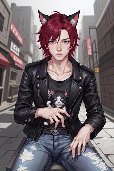 Chris_Xvoor,  1boy,  male focus,  solo,  looking at viewer, ,  blue eyes,  black hair,  animal ears,  sitting,  jacket,  red hair,  outdoors,  day,  pants,  cat ears,  blurry,  black jacket,  torn clothes,  blurry background,  denim,  jeans,  leather,  torn pants,  leather jacket,  torn jeans,  denim jacket,  upper body,  specular highlights,  detailed face,  detailed eyes,  detailed hair,  textured hair,  rim lighting,  extreme light and shadow,  masterpiece,  official art,  portrait, <lora:EMS-47371-EMS:0.500000>