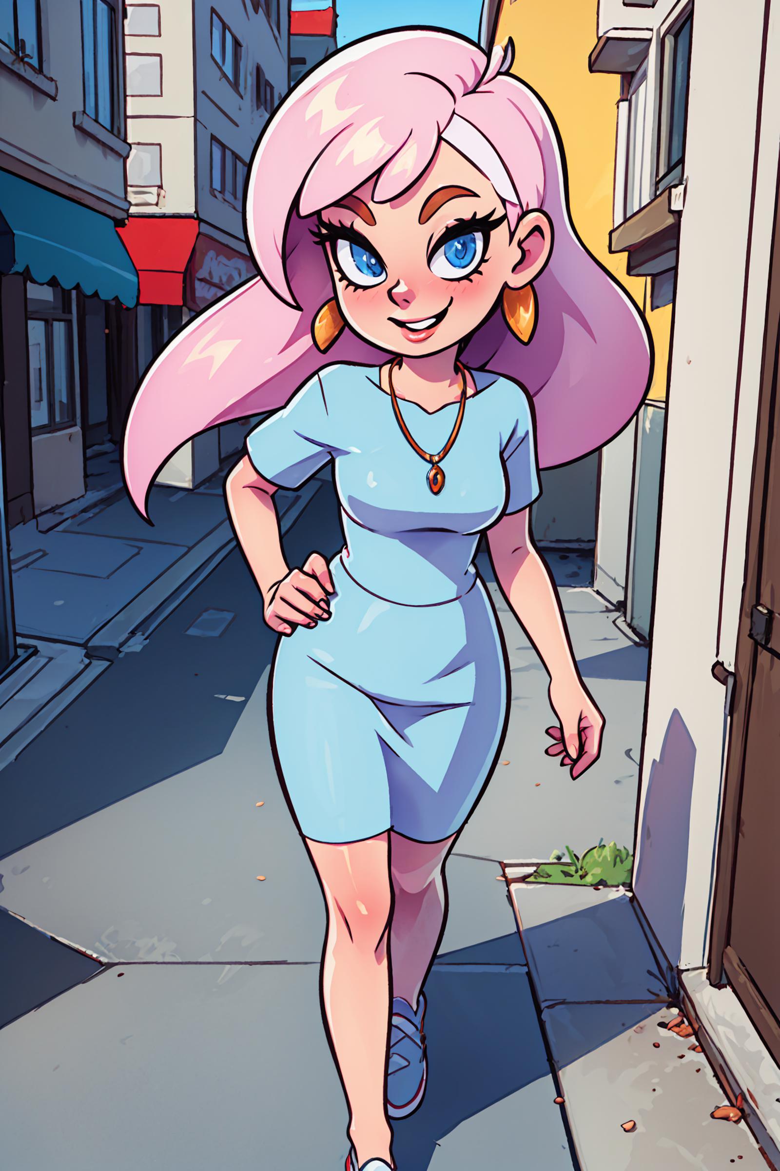 A cartoon girl wearing a blue dress and pink hair walks down a street.
