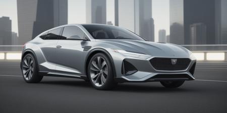 full body photo realistic front view of futuristic crossover car design, sharpness, flat surface, clean and simple, strong ratio, city blur background, high quality, metallic paint, depth of field, best quality, highly detailed, vibrant colors, volumetric, cinematic
