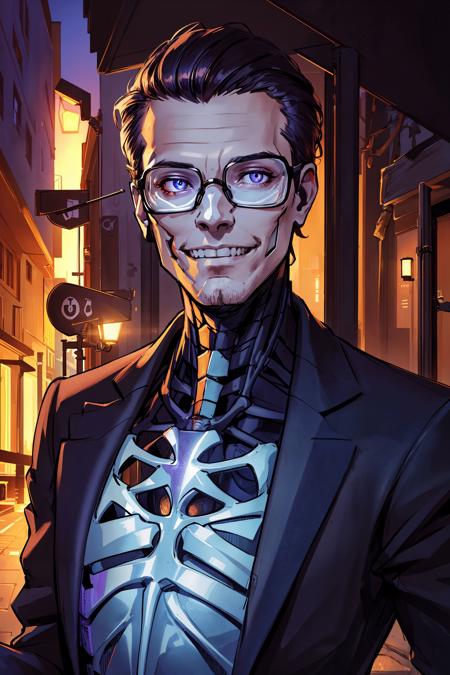 masterpiece,best quality,extremely detailed,(half man half skeleton:1.1),(half face:1.1),wearing business suit and glasses,subtle smile,unusual lighting,glowing colors,modern fantasy,in an alley,overhead light,close up portrait,sunken eyes,