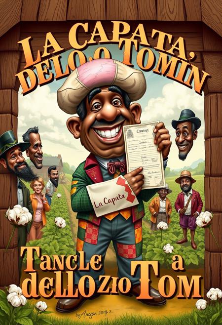 “Create a caricature-style book cover inspired by Uncle Tom’s Cabin, reimagined as La CAPATA dello Zio Tom. The design should combine humor and social commentary with bold, vibrant colors, evoking a 19th-century vintage book cover aesthetic.
Uncle Tom is depicted as a larger-than-life, jovial character with a large, exaggerated bump on his head, having just knocked it against a wall. His attire is patched yet colorful, and he’s holding an oversized, ornate contract or receipt labeled ‘La Capata,’ symbolizing the deposit. The bump on his head adds a humorous, slapstick element to the scene.
Around him, incorporate exaggerated caricatures of key characters from the novel, each embodying whimsical yet pointed social commentary. The plantation backdrop should include surreal, playful elements, such as oversized cotton plants and an idyllic yet exaggerated landscape.
The title, La CAPATA dello Zio Tom, should dominate the cover with intricate, ornate typography, blending classic 19th-century styles with a lively, modern twist. Add small, humorous details, like hidden icons or ironic elements, to complete the satirical tone while respecting the serious themes of the original work.”