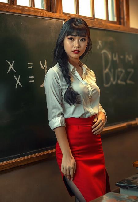 photorealistic eyes, realistic skin texture, 
detailed, hyper-detailed,  intricate details, detailed skin, blonde Chinese woman, teacher standing next to chalkboard, the only thing written  on chalkboard is “x + y = BUZZ” in large chalk writing:2.6,
photorealistic, 1woman, solo, school teacher, beautiful Chinese woman, full round lips:0.9, glossy red lipsticks:2.2, elegant red eyeshadow:0.8, eyeliner,  lips slightly parted, very_long_hair,  long hair, detailed shiny black hair, black_hair, bangs and low loose braid, medium perky breasts, medium full round breasts,  looking_at_viewer, blue_eyes, slightly sheer white cotton button down shirt, shirt partially unbuttoned and open:1.1, hint of  cleavage, red pencil skirt with leg slit showing some of her thigh, high 
waist skirt,  standing in front of blackboard giving a lesson, collarbone, thighs, pantyhose, cowboy_shot:0.8, indoors, hair_over_shoulder, red pencil skirt, desk, sleeves_rolled_up, contrapposto, realistic, 1950s classroom, old classroom, large wall of windows, beautiful window lighting, chalkboard, school, sleeves_pushed_up, asian woman, photorealistic