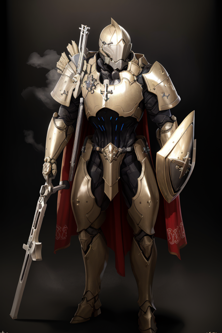 (masterpiece, best quality, high quality, absurdres, soft lighting, film grain, semirealistic), 
(1boy, robot, humanoid, solo, good body), ((detailed crusader helmet, detailed crusader armor)), broad shoulder, full body, ((medieval theme, Christian cross emblem)), holding a shield with cross as the emblem,
((dark background:1.4, fog)), <lora:RhinoV1:0.6>