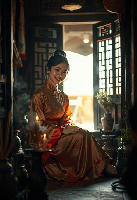 A high quality photo of a beautiful young Chinese woman wearing a traditional Chinese silk dress, sitting inside a temple. She's lighting incense and candles, cozy, slight smile, sunbeams through the doorway, dust in the air, effortlessly chic, beautiful, artistic, serene, detailed, slightly cluttered environment with plants and tools. High detail, heavy use of depth of field, 4k, super realistic, real photo, shot on Canon, camera, orange dreamy lighting, muted colors,
