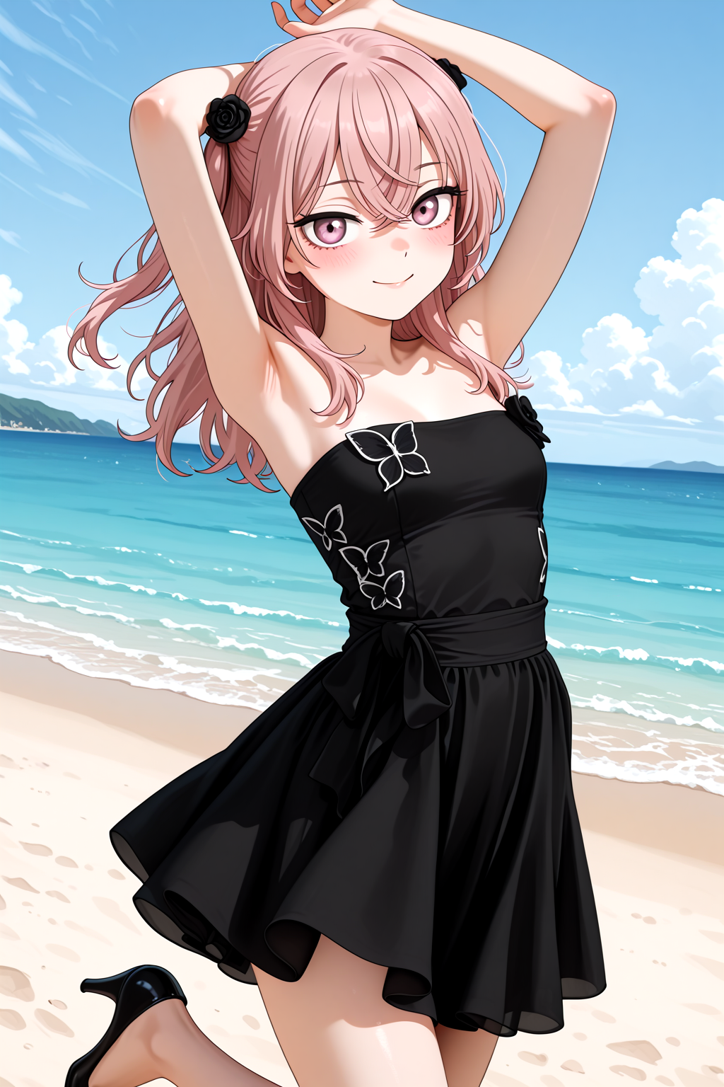 A young woman with pink eyes, shoulder-length pink hair, and a happy smile standing on a beach in a playful stretching pose, with both hands behind her head while balancing on one leg. She is wearing a black, strapless decorated with black butterfly with white outlines, black high-heeled shoes, and two black rose accessories in her hair. The background is a beach, showing the shoreline, turquoise ocean water with white waves, and a distant landmass under a blue sky with puffy clouds.