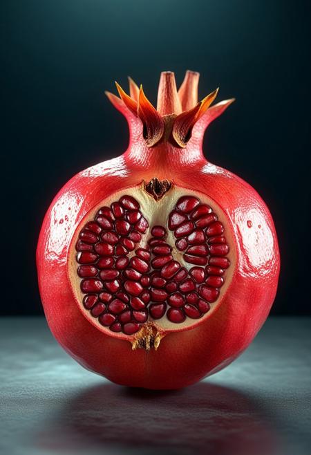 masterpiece, 4k, 8k, sharp, a Transparent skeletal specimen of a juicy Pomegranate. the light is cinematic. the style is contrasted, and cartoonish, 
detailmaximizer,