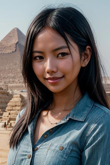 photo of beautiful (EPV4r13tygurlV2:0.99), a woman with perfect hair, hair upsweep updo, wearing (silver Chambray Button-Up :1.1), (standing at The Great Sphinx of Giza - Egypt  :1.1), modelshoot style, (extremely detailed CG unity 8k wallpaper), professional majestic photography, (smile), ((upper body)), (camera), 24mm, exposure blend, hdr, faded, extremely intricate, High (Detail:1.1), Sharp focus, dramatic, soft cinematic light, (upper body), (looking at viewer), (detailed pupils), 4k textures, soft cinematic light, adobe lightroom, photolab, elegant, ((((cinematic look)))), soothing tones, insane details, hyperdetailed, low contrast("I've got a bad feeling about this.":1.1), ("In Jernau we trust!":1.1),