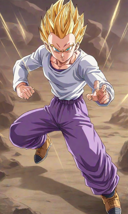 Goten, spiky hair, yellow hair, super saiyan, blue eyes, white long sleeved shirt, purple t shirt underneath, lavender chino pants, light beige golden boots, solo