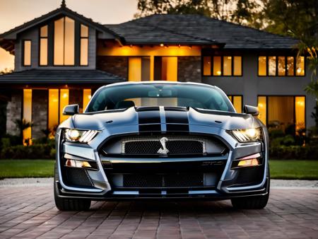 a photo of mstgsgt500 car parked in front of a beautiful modern house, flares, bokeh