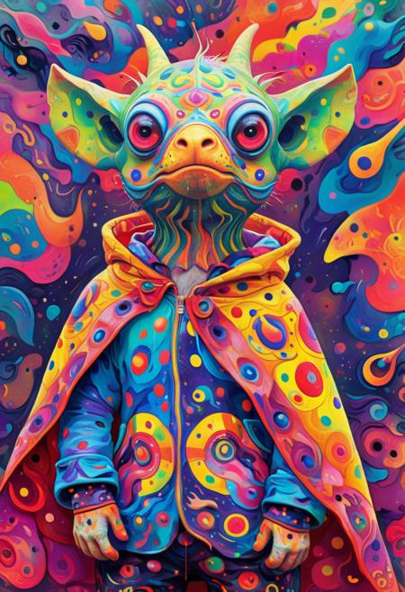 PsychadelicChaos, absurdres, high resolution, detailed, stylized by Arshile Gorky, photograph, in a vibrant and colorful world, a rebellious-looking animal comes to life. Dressed in a brightly colored cape, the creature is psychadeliced in a psychedelic outfit that seems almost too adorable to be real. equirectangular 360, Abstract expressionism, biomorphic abstraction, surrealist influences, personal symbolism, gestural brushwork, <lora:Upgraders\Detail Tweaker XL:1.0>, <lora:Challenge\aidmaPsychadelicChaosWorldMorphXL-V0.1:1.0>