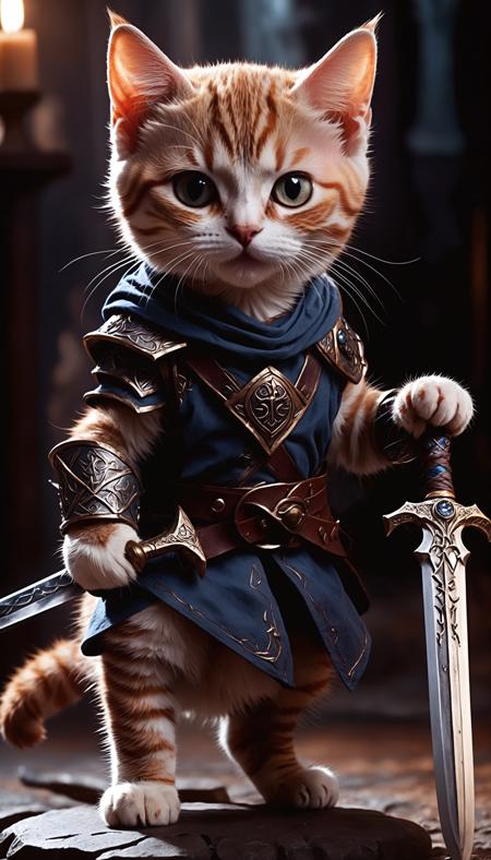 ((photo:1.2)), A cute cat battle mage, sword and shild with runes, dramatic lighting, dynamic pose, dynamic camera,masterpiece, best quality, dark shadows, ((dark fantasy)), detailed, realistic, 8k uhd, high quality