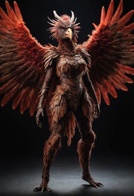 Frontal view. looking forward, looking viewer, full body, realistic professional photography, monster werebird woman, brown and red feathers, cinematic lighting, perfect shading, amazing composition, dynamic angle, 35mm photograph, best quality, masterpiece