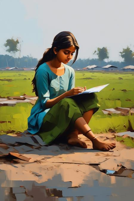 <lora:Atey Ghailan style:1>Atey Ghailan style - oil painting of a girl, sitting on ground, studying, plane ground clear sky no other objects of India high defination high resolution sharp colour crisp