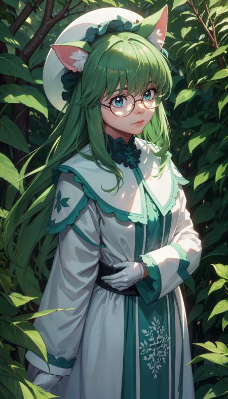 long hair green hair round glasses teal eyes cat ears white hat white dress capelet white gloves