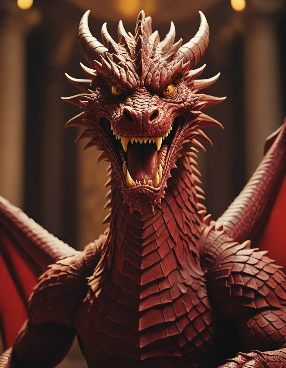 Angry Red Dragon with Fangs and Horns