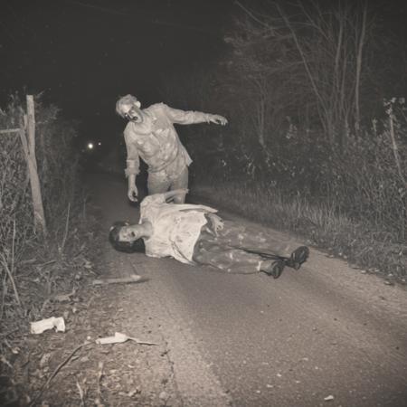 gory zombie on a rural road at night
