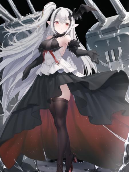 swf,(hyper extreme detailed),(masterpeace),(best quality),(hyper extreme),CG,1girl,indoors,<lora:Sevastopol:1>,Sevastopol,white hair, long hair, red eyes,side ponytail, white dress,black shirt, black long gloves, black long skirt, black thighhighs, high heels,