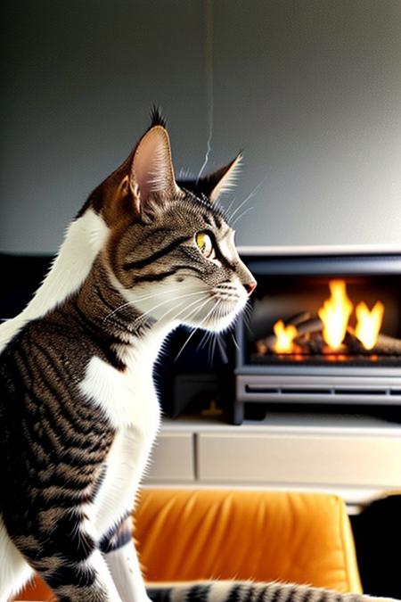 a cat smoking a cigar, sitting on black couch, fireplace, side view, close up, <lora:vhs:1>