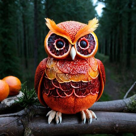 blood orange style, score_9, score_8_up, score_7_up, score_6_up, score_5_up, score_4_up score_9,score_8_up, a realistic owl made of blood oranges with blood orange feathers on a forest background made of blood oranges, wearing a orange shape cap