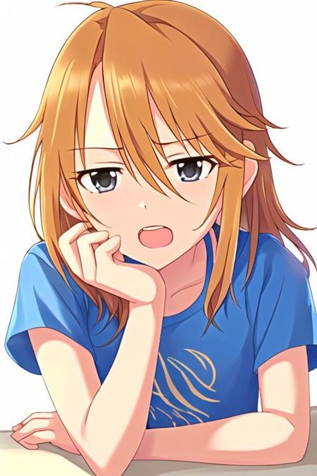 Yuki Haru,
1girl, blue shirt, orange hair, d:, grey eyes, hair between eyes, head rest, long hair, messy hair, open mouth, shirt, short sleeves, solo, straight hair, t-shirt, upper body, white background
<lora:u149-v3.1:1>