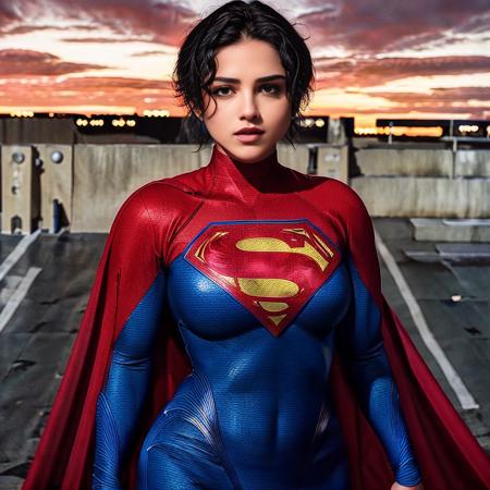 photo of supergirl in a supergirl costume with a red cape on her back, black hair, short hair, tan skin, makeup, dark lips, standing in a city parking lot at night, dark background, sunset, detailed skin, detailed eyes, depth of field, 8k uhd, dslr, dim lighting, high quality, film grain,  <lora:Sasha Calle:1>