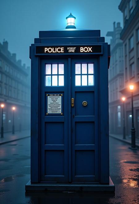 "Photorealistic Doctor Who TARDIS, blue police box at night in London fog, glowing windows, detailed 'POLICE PUBLIC CALL' sign, aged wood texture, cinematic lighting, 8K --v 6.0"