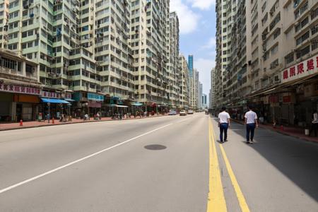 Hong Kong Old District, tall buildings, person walking on the sidewalk, (RAW photo, best quality), (realistic, photo-realistic:1.2), outdoor <lora:Hong Kong Old District:0.6>