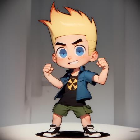 ((masterpiece, best quality)),(complex lighting), solo, full body, 1boy, johnny test, <lora:JohnnyTest1-10:0.6>,blue eyes, open jacket, short sleeves ,standing, naughty face, radiation symbol , simple background,