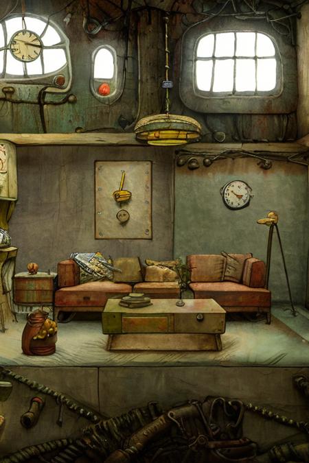 a painting of a room with a staircase and a clock , jxmc style,  <lora:jxmc:1>