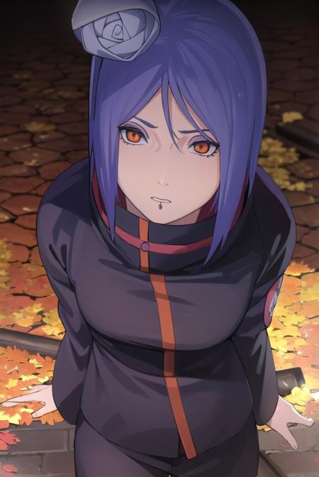 konan, short hair, hair ornament, blue hair, flower, hair flower, (orange eyes:1.2), (labret piercing:1.2), eyeshadow, coat, cloak, black coat, black cloak, (akatsuki uniform:1.5), akatsuki \(naruto\),