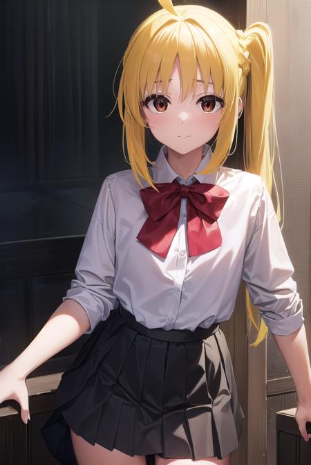 nijikaijichi, <lyco:nijikaijichi-lyco-nochekaiser:1>, 
nijika ijichi, ahoge, (yellow hair:1.5), (brown eyes:1.5), long hair, one side up, (flat chest:1.2), smile,
BREAK (black skirt:1.5), bow, bowtie, collared shirt, pleated skirt, polka dot, polka dot bow, red bow, (red bowtie:1.5), red footwear, shirt, shoes, short sleeves, skirt, socks, (white shirt:1.5), white socks,
BREAK indoors, classroom,
BREAK looking at viewer, (cowboy shot:1.5), 
BREAK <lyco:GoodHands-beta2:1>, (masterpiece:1.2), best quality, high resolution, unity 8k wallpaper, (illustration:0.8), (beautiful detailed eyes:1.6), extremely detailed face, perfect lighting, extremely detailed CG, (perfect hands, perfect anatomy),