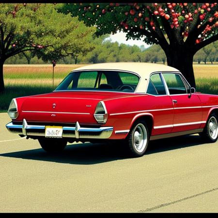 A tree with apples, the tree is red and the apples are red, car
