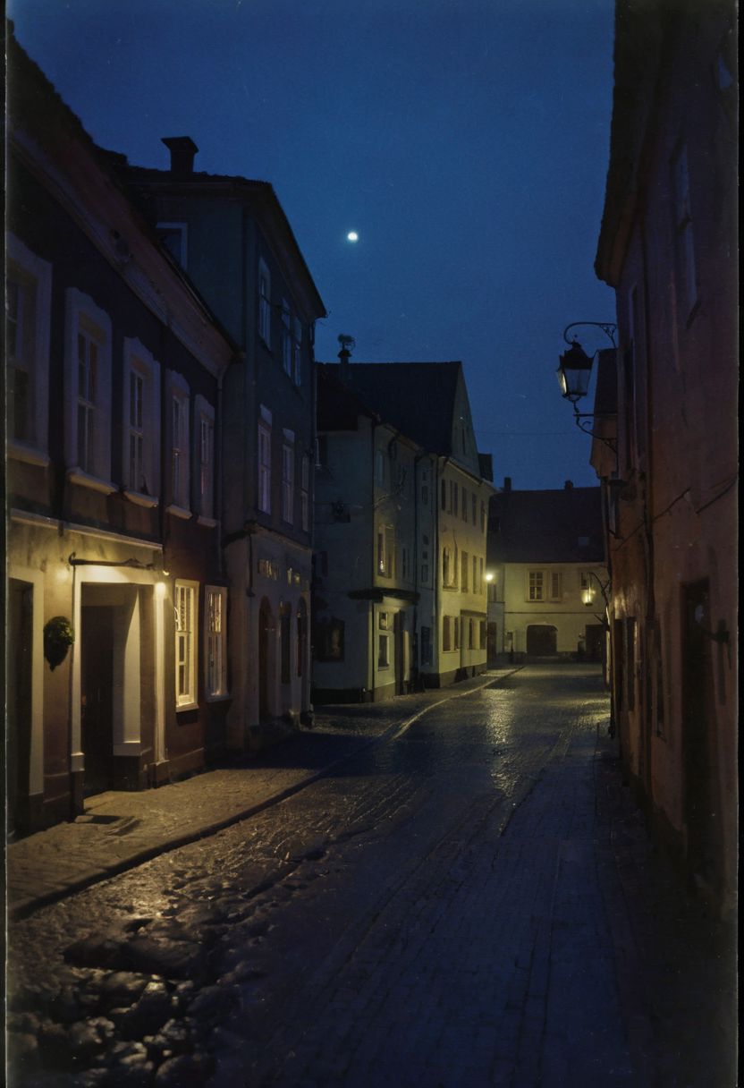 soaked_kaffee, a dark street in a small town with streetlights at night, hard shadows, film grain