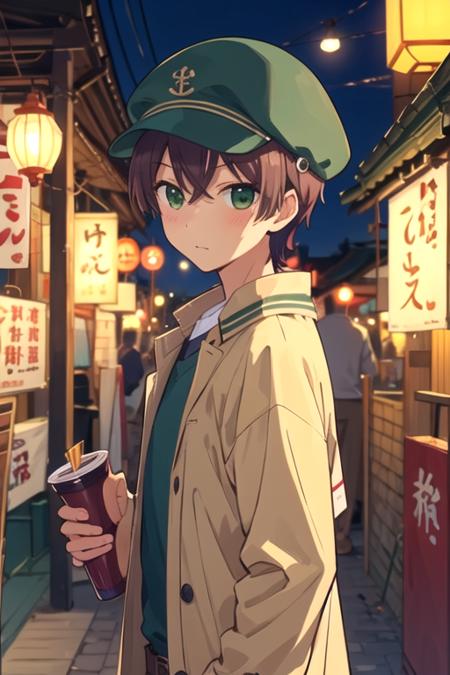 masterpiece, best quality, movie still, 1boy, solo, male focus, looking at viewer, , , , , <lora:shinya_momotsuki:0.70>, shinya_momotsuki, brown hair, green eyes, , flat cap, izakaya,