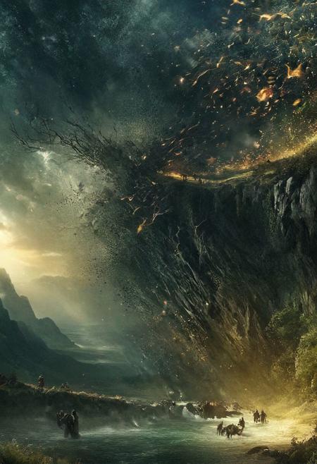Completely Helm's fall absolutely nothing, pure black, detailed, but the Lord of the Rings of life are rising, FastNegativeV2, ral-dissolve, digital art, (landscape:1.5)