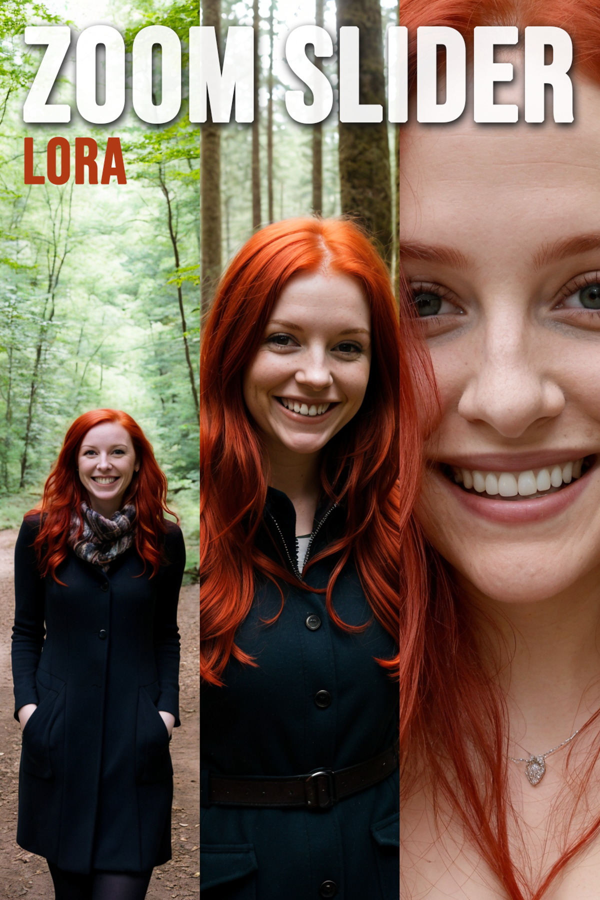 Smiling woman with red hair posing in a forest setting.
