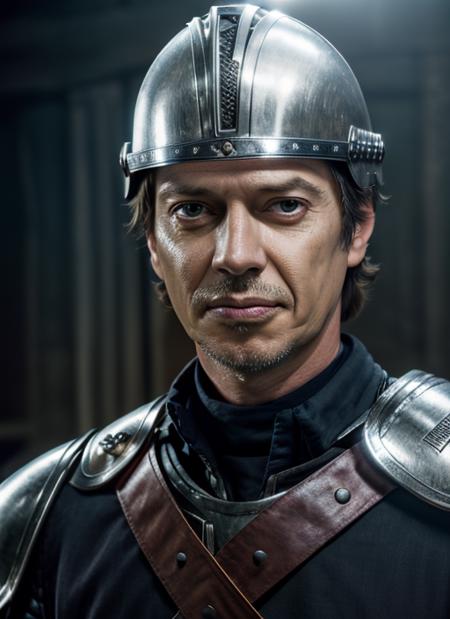 ( <lora:SteveBuscemi:1>) a close up Portrait photo of (sb1) man with short hair, Detailed face, (perfect eyes), (highly detailed skin:1.1), perfect body, wearing a (("Sallet helmet, breastplate with faulds, gauntlets with rerebraces, mace, dagger")), Modelshoot style, Professional Photography, soft lighting, PHOTOREALISTIC, Realistic, standing in a dark studio background, blurred background, volumetric fog,. RAW, analog style, sharp focus, 8k, HD, DSLR, high quality, Fujifilm XT3, film grain, award winning, masterpiece,