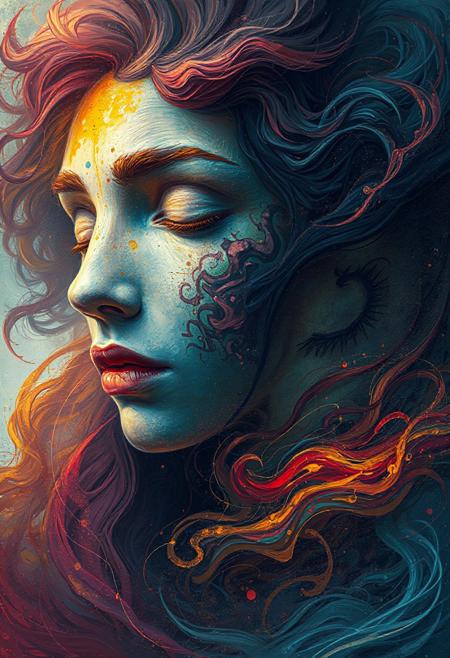face adorned with, Dynamic digital painting with swirling, vibrant colors depicting two figures with intricate textures and vibrant colors. The scene should include a rich variety of elements, each contributing to the overall atmosphere. Lighting should be soft, diffused, and natural, enhancing the depth and realism of the scene. The mood is to be calm yet vibrant, creating a sense of serenity and wonder. Every detail in the scene should be meticulously rendered, emphasizing the contrast between light and shadow, and capturing the fine textures and subtle gradients. The color palette should be carefully chosen to evoke emotion, with each hue enhancing the aesthetic appeal of the overall composition. The final image should be immersive and captivating, drawing the viewer into its intricately detailed world.