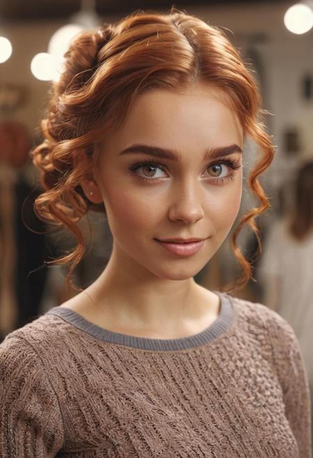 1girl, half-polish, slavic, anglo, portrait, headshot, cute model, Long thick Maxi Skirt, Knit tube top, swept back hair, alluring smile, working at a clothing store, perfect eyes, highly detailed beautiful expressive eyes, detailed eyes, 35mm photograph, film, bokeh, professional, 4k, highly detailed dynamic lighting, photorealistic, 8k, raw, rich, intricate details, identical iris, curly auburn hair