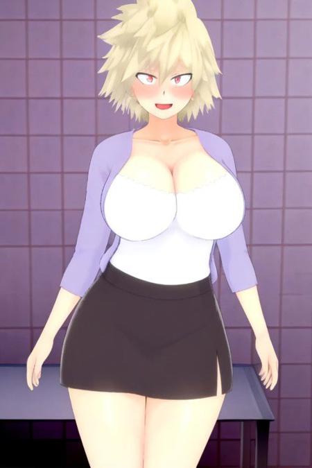 ((masterpiece,best quality)),best res,good anatomy,(sexy:1.3),very cute ,(huge breast:1.3),face,hot,blushing,female,smiling,standing,very detailed,4k,sexy,happy,open eyes,smiling, solo, simple background,large breast,tall, 1girl, solo, looking at viewer, smile, huge breasts, , ,mitsuki, 1girl, solo, looking at viewer, smile, short hair, open mouth, skirt, blonde hair, large breasts, shirt, red eyes, cleavage, collarbone, signature, black skirt, cardigan, spiked hair, mature female, open cardigan, sanpaku,Wide hips