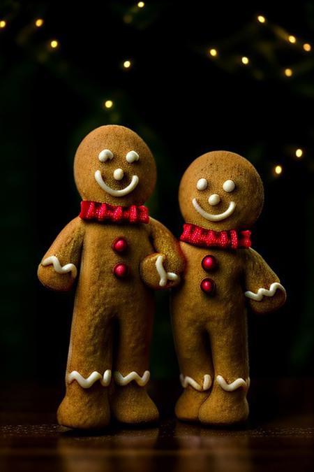 Gingerbread_Man, food, cookie, food focus, no humans, an extremely gritty detailed HD 8K photograph of a gingerbread man and woman wearing very festive cookie clothing dancing together on the table in front of a beautifully decorated pine Christmas tree, detailerlora, beautiful subtle very soft yellow, red, green and white lights